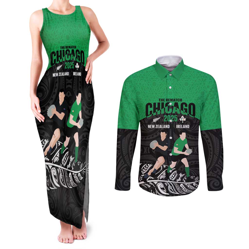 New Zealand and Ireland Rugby Custom Couples Matching Tank Maxi Dress and Long Sleeve Button Shirt Chicago 2025 Go All Black Shamrocks LT14 Black - Polynesian Pride