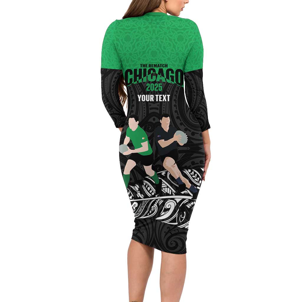 New Zealand and Ireland Rugby Custom Family Matching Long Sleeve Bodycon Dress and Hawaiian Shirt Chicago 2025 Go All Black Shamrocks LT14 - Polynesian Pride