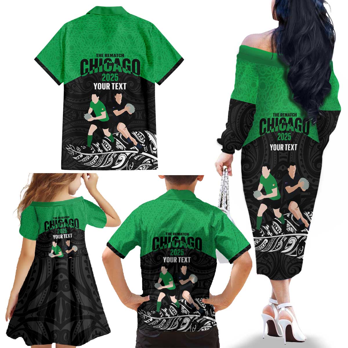 New Zealand and Ireland Rugby Custom Family Matching Off The Shoulder Long Sleeve Dress and Hawaiian Shirt Chicago 2025 Go All Black Shamrocks LT14 - Polynesian Pride