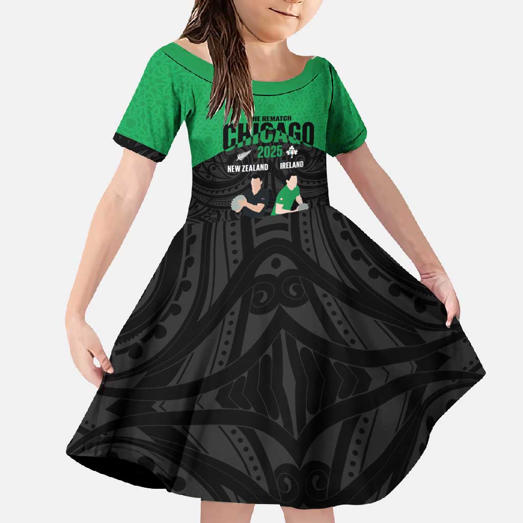 New Zealand and Ireland Rugby Custom Family Matching Off Shoulder Maxi Dress and Hawaiian Shirt Chicago 2025 Go All Black Shamrocks LT14 Daughter's Dress Black - Polynesian Pride