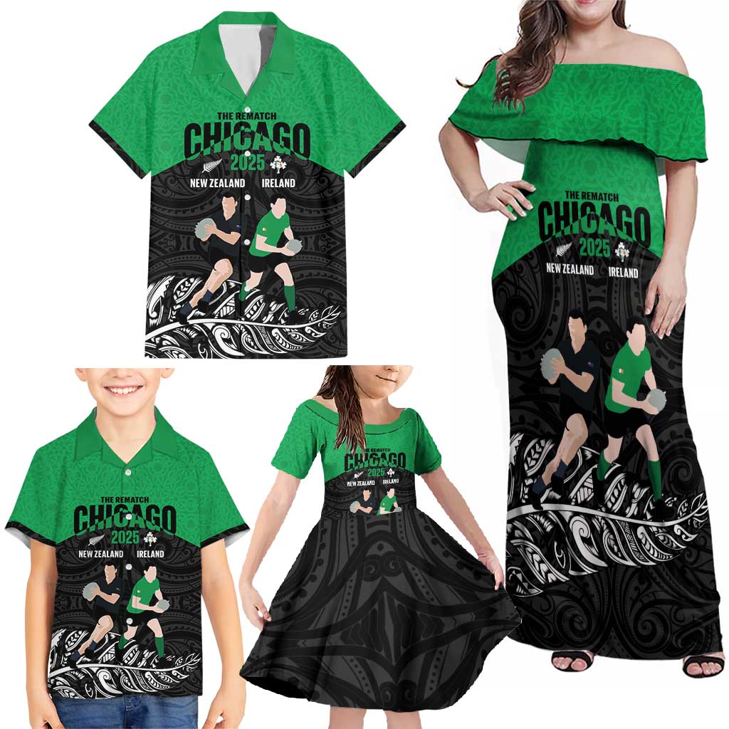 New Zealand and Ireland Rugby Custom Family Matching Off Shoulder Maxi Dress and Hawaiian Shirt Chicago 2025 Go All Black Shamrocks LT14 - Polynesian Pride