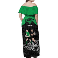 New Zealand and Ireland Rugby Custom Family Matching Off Shoulder Maxi Dress and Hawaiian Shirt Chicago 2025 Go All Black Shamrocks LT14 - Polynesian Pride
