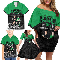 New Zealand and Ireland Rugby Custom Family Matching Off Shoulder Short Dress and Hawaiian Shirt Chicago 2025 Go All Black Shamrocks LT14 - Polynesian Pride