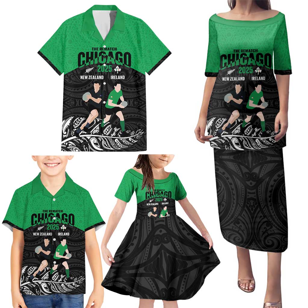 New Zealand and Ireland Rugby Custom Family Matching Puletasi and Hawaiian Shirt Chicago 2025 Go All Black Shamrocks LT14 - Polynesian Pride