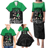 New Zealand and Ireland Rugby Custom Family Matching Puletasi and Hawaiian Shirt Chicago 2025 Go All Black Shamrocks LT14 - Polynesian Pride