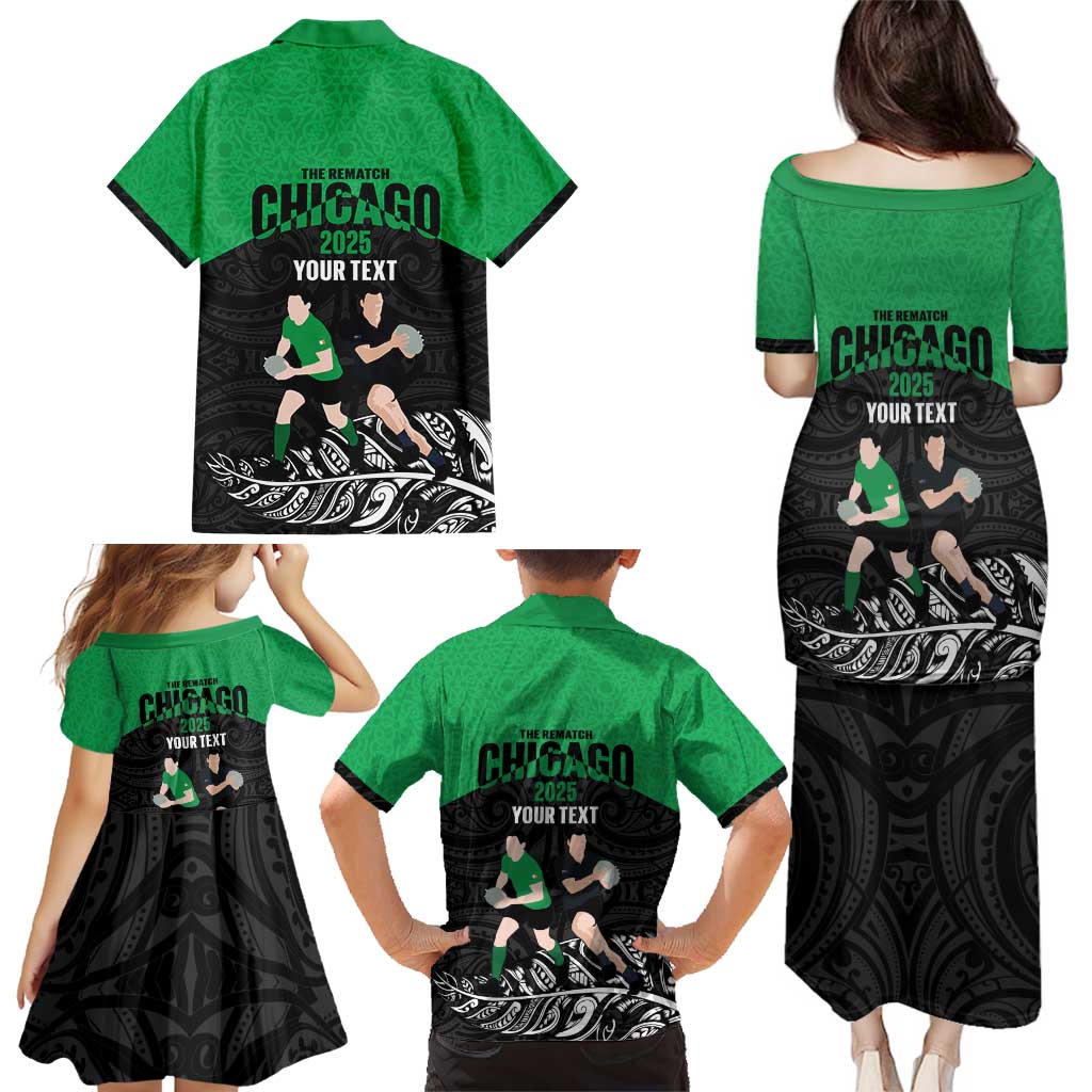 New Zealand and Ireland Rugby Custom Family Matching Puletasi and Hawaiian Shirt Chicago 2025 Go All Black Shamrocks LT14 - Polynesian Pride