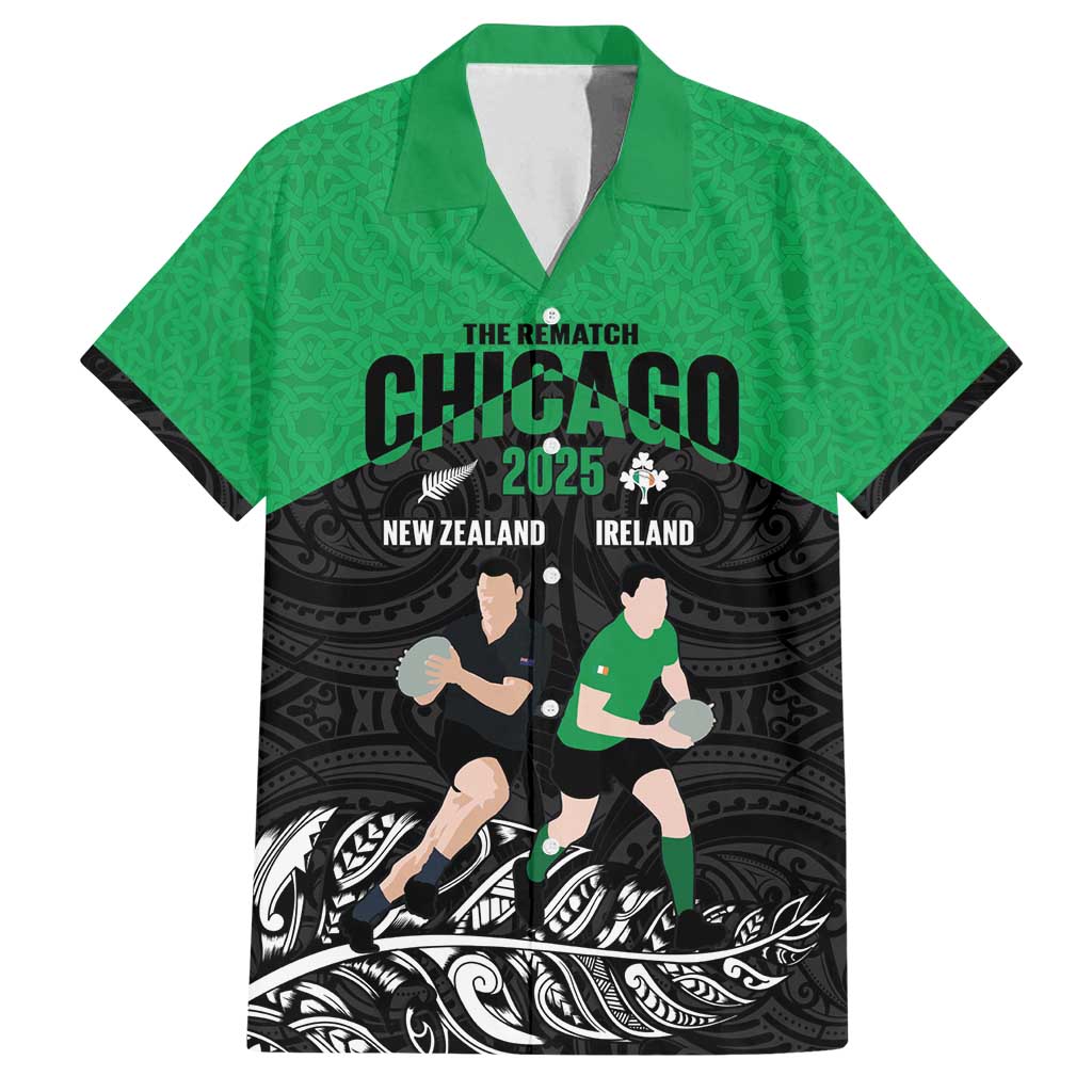 New Zealand and Ireland Rugby Custom Family Matching Puletasi and Hawaiian Shirt Chicago 2025 Go All Black Shamrocks LT14 Dad's Shirt - Short Sleeve Black - Polynesian Pride