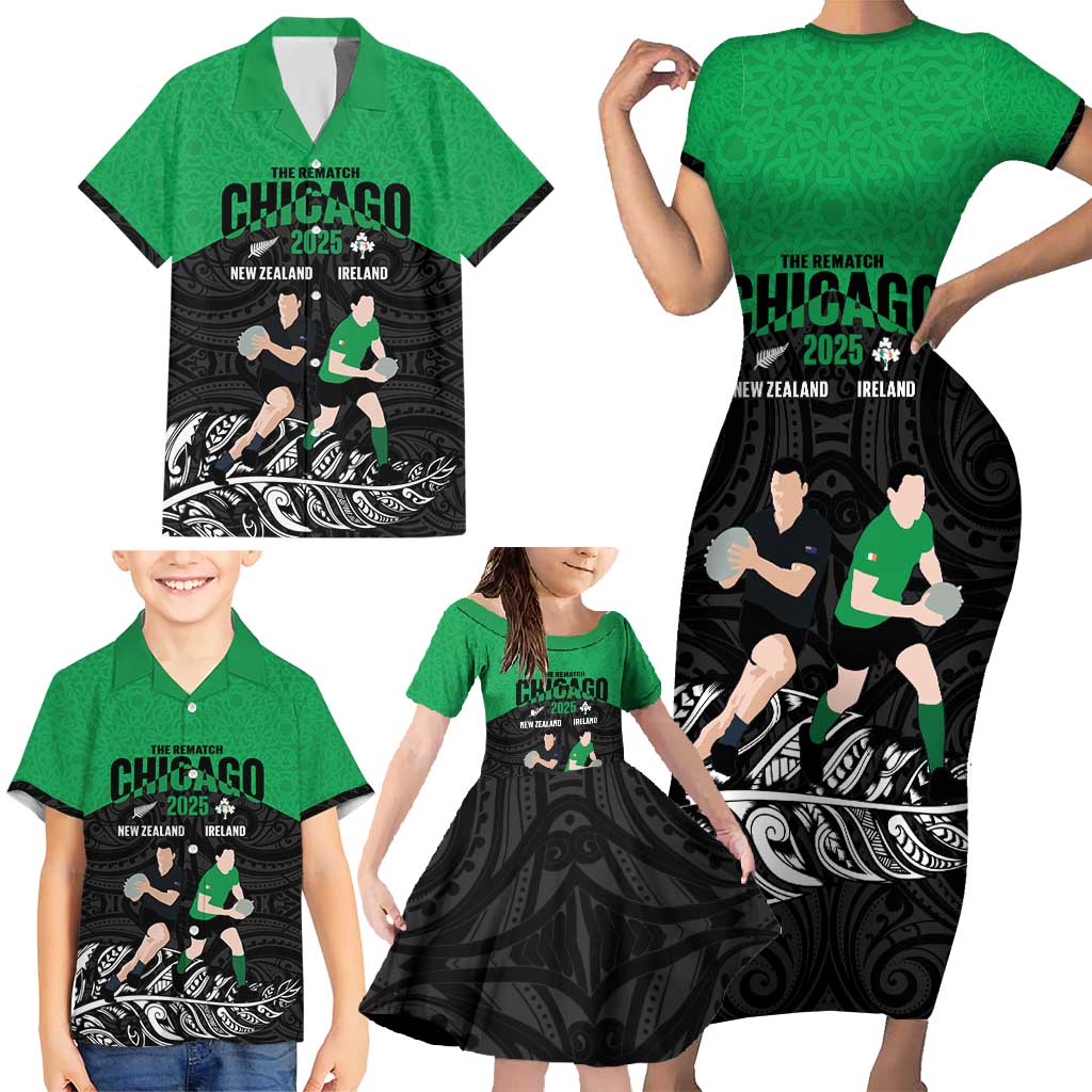 New Zealand and Ireland Rugby Custom Family Matching Short Sleeve Bodycon Dress and Hawaiian Shirt Chicago 2025 Go All Black Shamrocks LT14 - Polynesian Pride