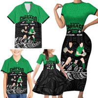 New Zealand and Ireland Rugby Custom Family Matching Short Sleeve Bodycon Dress and Hawaiian Shirt Chicago 2025 Go All Black Shamrocks LT14 - Polynesian Pride