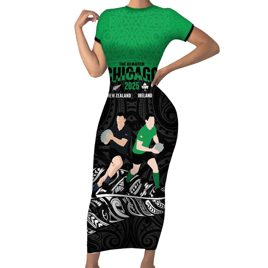 New Zealand and Ireland Rugby Custom Family Matching Short Sleeve Bodycon Dress and Hawaiian Shirt Chicago 2025 Go All Black Shamrocks LT14 Mom's Dress Black - Polynesian Pride