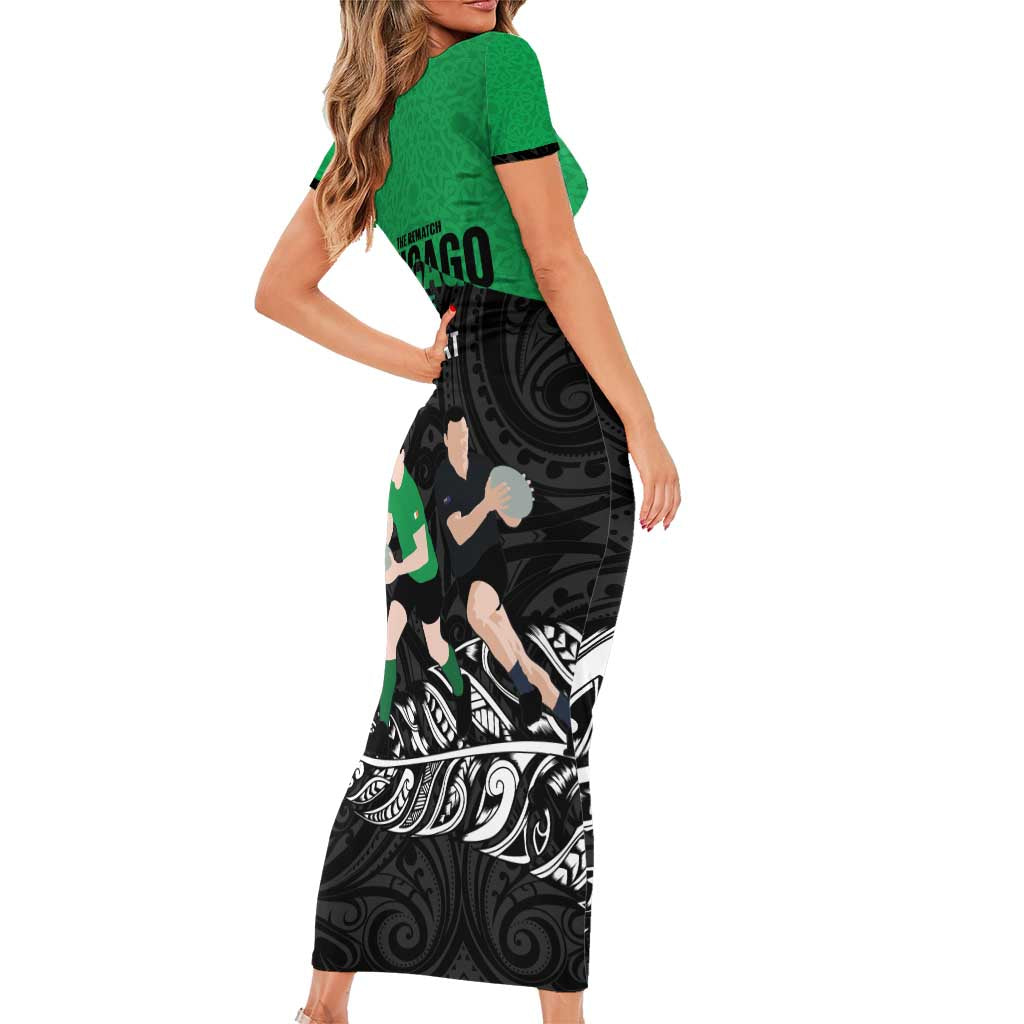 New Zealand and Ireland Rugby Custom Family Matching Short Sleeve Bodycon Dress and Hawaiian Shirt Chicago 2025 Go All Black Shamrocks LT14 - Polynesian Pride