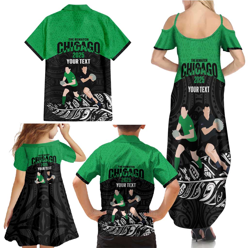 New Zealand and Ireland Rugby Custom Family Matching Summer Maxi Dress and Hawaiian Shirt Chicago 2025 Go All Black Shamrocks LT14 - Polynesian Pride