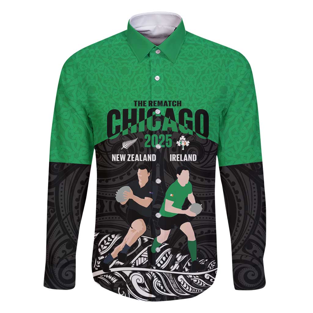 New Zealand and Ireland Rugby Custom Family Matching Summer Maxi Dress and Hawaiian Shirt Chicago 2025 Go All Black Shamrocks LT14 Dad's Shirt - Long Sleeve Black - Polynesian Pride