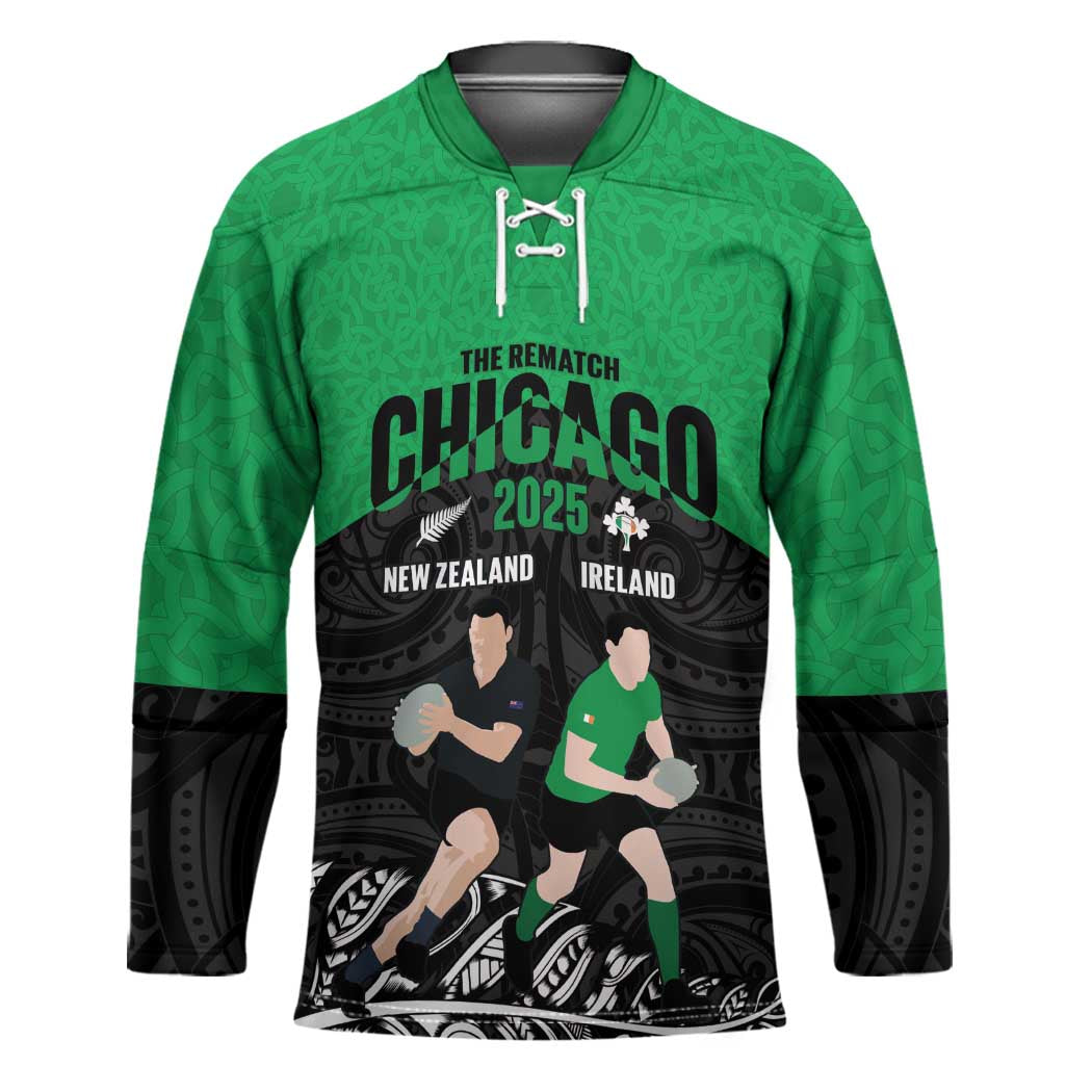 New Zealand and Ireland Rugby Custom Hockey Jersey Chicago 2025 Go All Black Shamrocks LT14 Unisex Black - Polynesian Pride