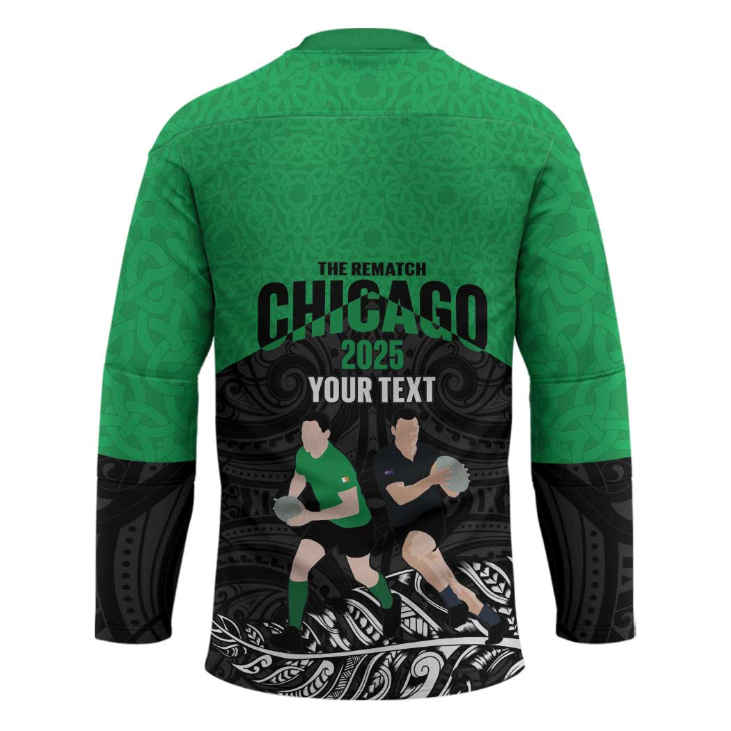 New Zealand and Ireland Rugby Custom Hockey Jersey Chicago 2025 Go All Black Shamrocks LT14 - Polynesian Pride