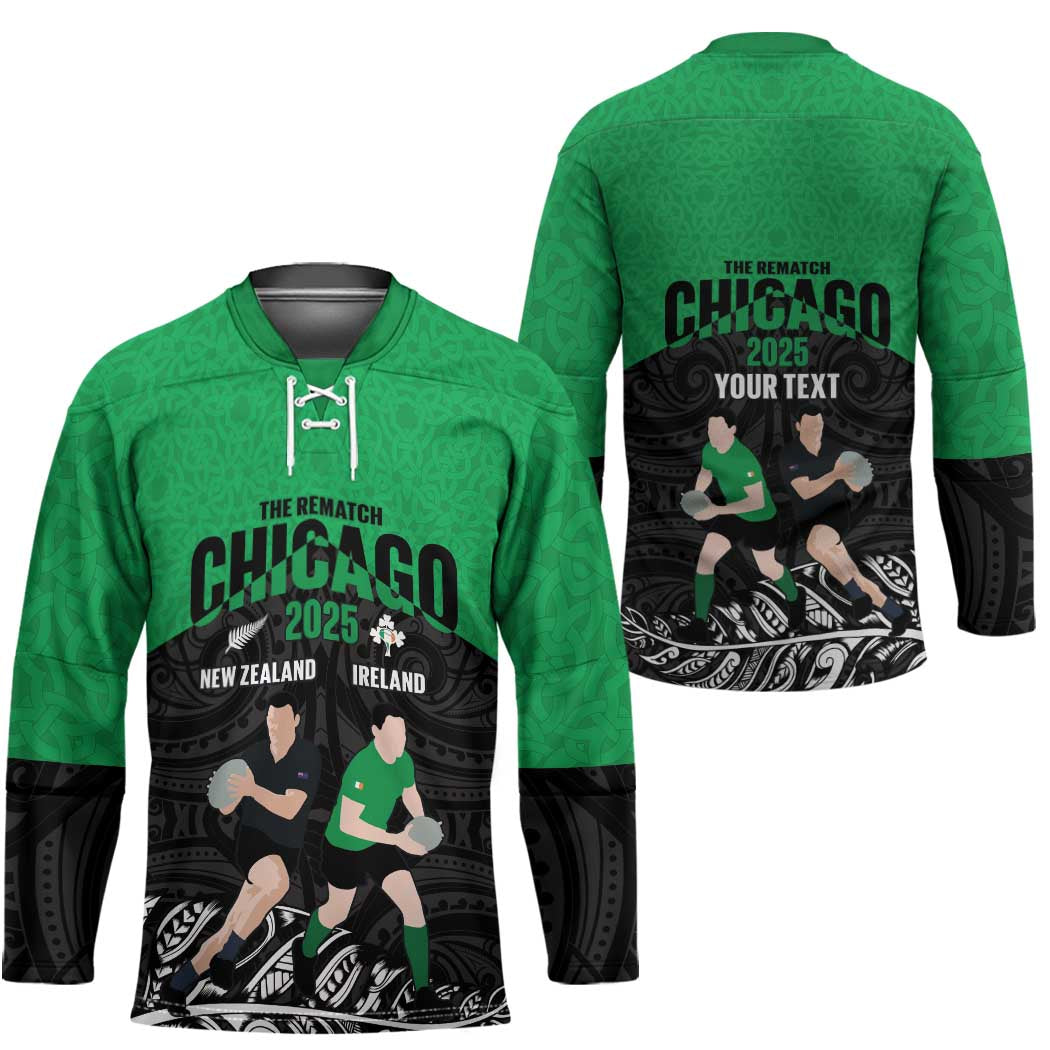 New Zealand and Ireland Rugby Custom Hockey Jersey Chicago 2025 Go All Black Shamrocks LT14 - Polynesian Pride