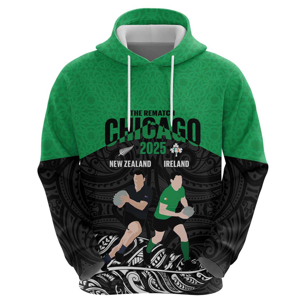 New Zealand and Ireland Rugby Custom Hoodie Chicago 2025 Go All Black Shamrocks - Polynesian Pride