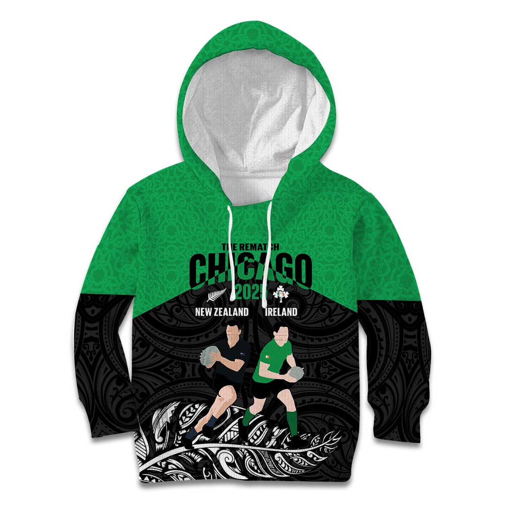 New Zealand and Ireland Rugby Custom Kid Hoodie Chicago 2025 Go All Black Shamrocks LT14 Hoodie Black - Polynesian Pride
