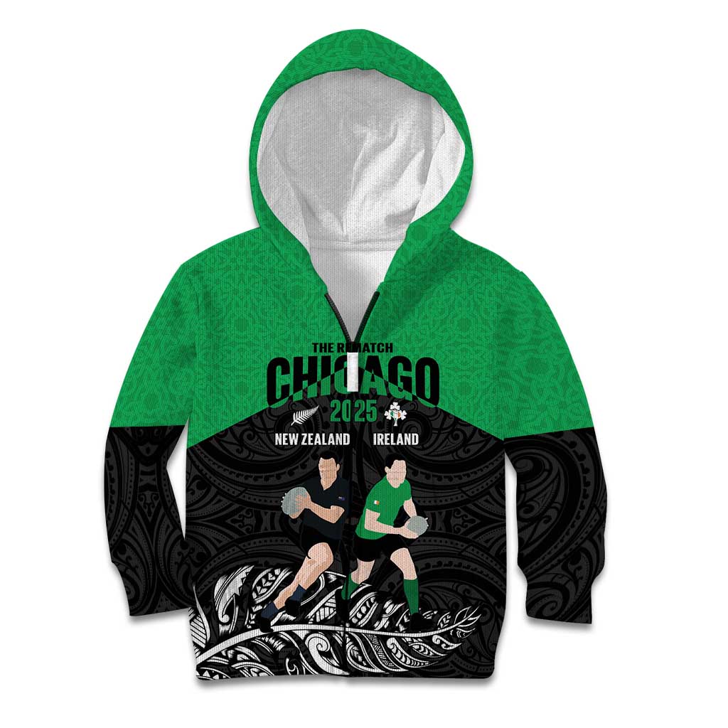 New Zealand and Ireland Rugby Custom Kid Hoodie Chicago 2025 Go All Black Shamrocks LT14 Zip Hoodie Black - Polynesian Pride
