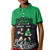 New Zealand and Ireland Rugby Custom Kid Polo Shirt Chicago 2025 Go All Black Shamrocks LT14 Kid Black - Polynesian Pride