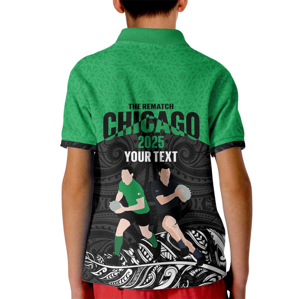 New Zealand and Ireland Rugby Custom Kid Polo Shirt Chicago 2025 Go All Black Shamrocks LT14 - Polynesian Pride