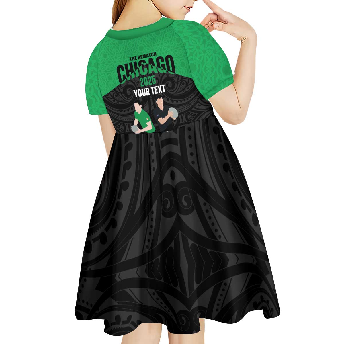 New Zealand and Ireland Rugby Custom Kid Short Sleeve Dress Chicago 2025 Go All Black Shamrocks LT14 - Polynesian Pride