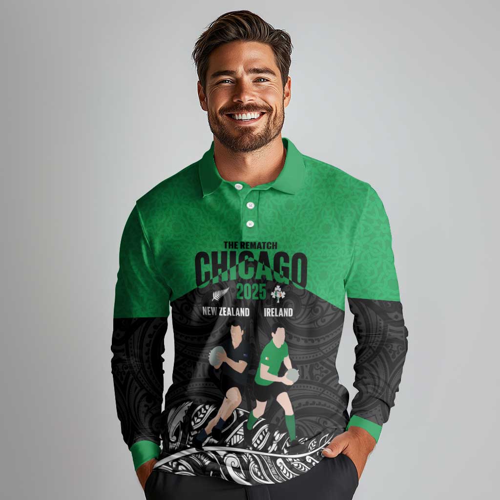 New Zealand and Ireland Rugby Custom Long Sleeve Polo Shirt Chicago 2025 Go All Black Shamrocks LT14 - Polynesian Pride