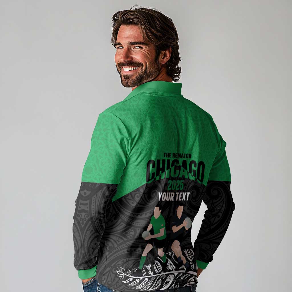 New Zealand and Ireland Rugby Custom Long Sleeve Polo Shirt Chicago 2025 Go All Black Shamrocks LT14 - Polynesian Pride