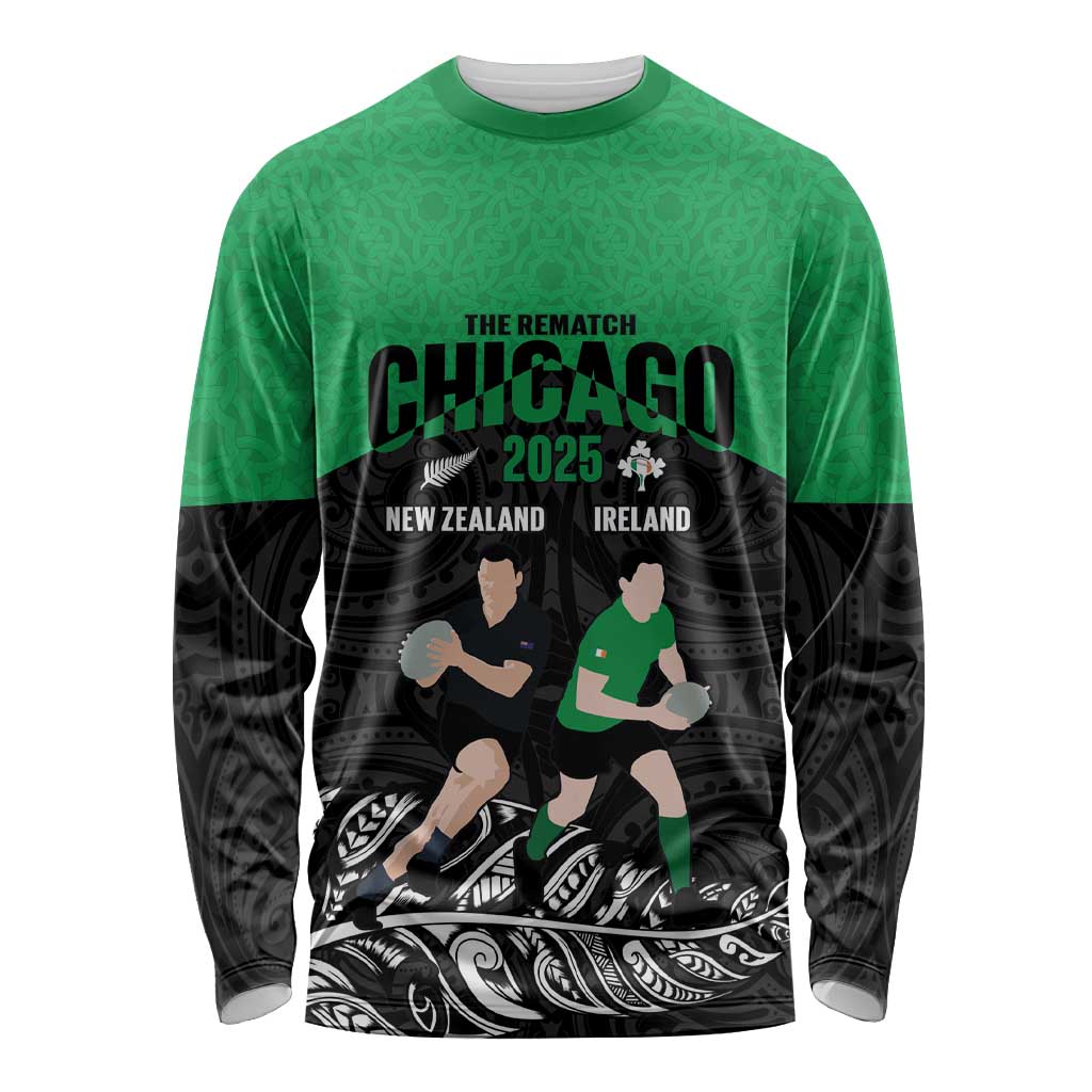 New Zealand and Ireland Rugby Custom Long Sleeve Shirt Chicago 2025 Go All Black Shamrocks - Polynesian Pride