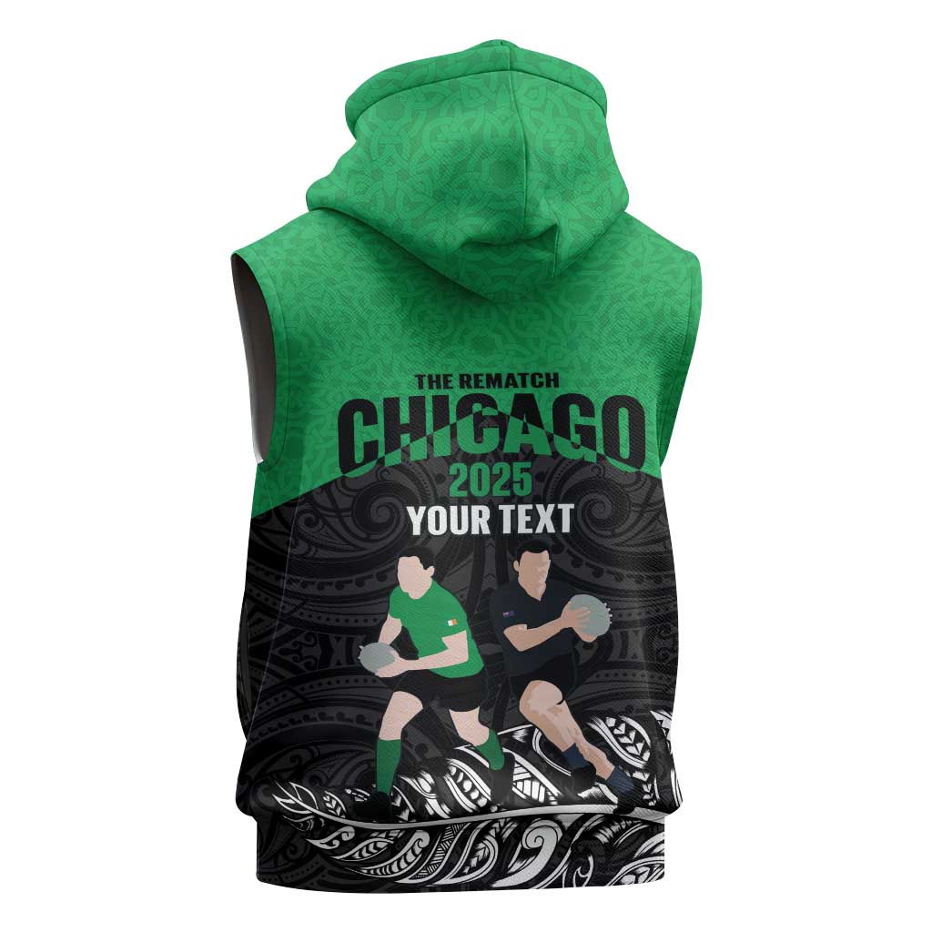 New Zealand and Ireland Rugby Custom Sleeveless Hoodie Chicago 2025 Go All Black Shamrocks LT14 - Polynesian Pride