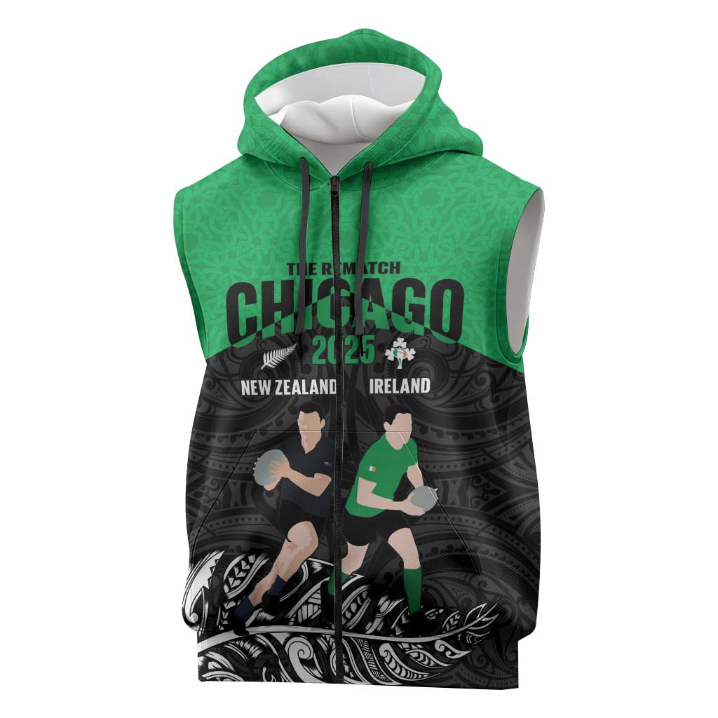 New Zealand and Ireland Rugby Custom Sleeveless Zip Hoodie Chicago 2025 Go All Black Shamrocks LT14 Black - Polynesian Pride