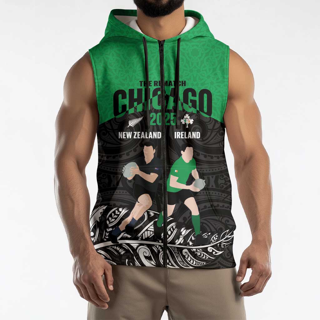 New Zealand and Ireland Rugby Custom Sleeveless Zip Hoodie Chicago 2025 Go All Black Shamrocks LT14 - Polynesian Pride