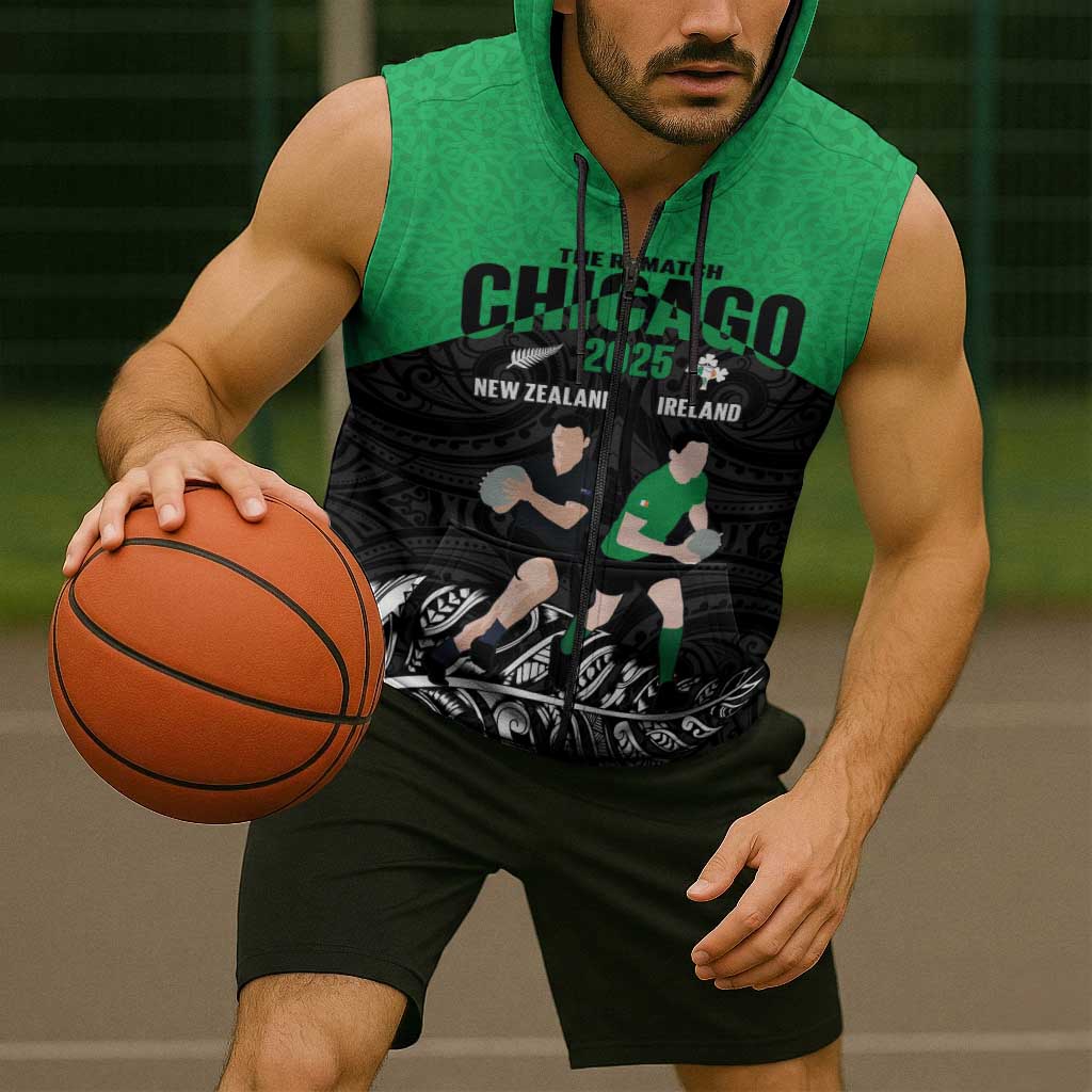 New Zealand and Ireland Rugby Custom Sleeveless Zip Hoodie Chicago 2025 Go All Black Shamrocks LT14 - Polynesian Pride