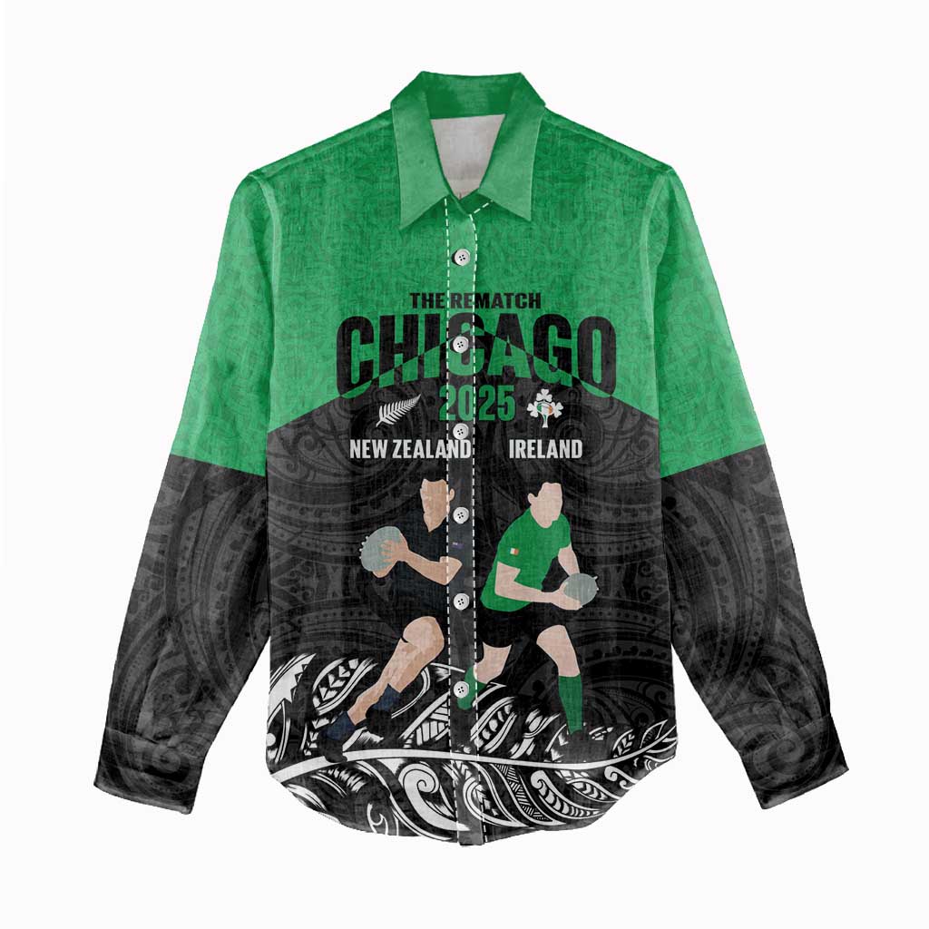 New Zealand and Ireland Rugby Custom Women Casual Shirt Chicago 2025 Go All Black Shamrocks LT14 - Polynesian Pride