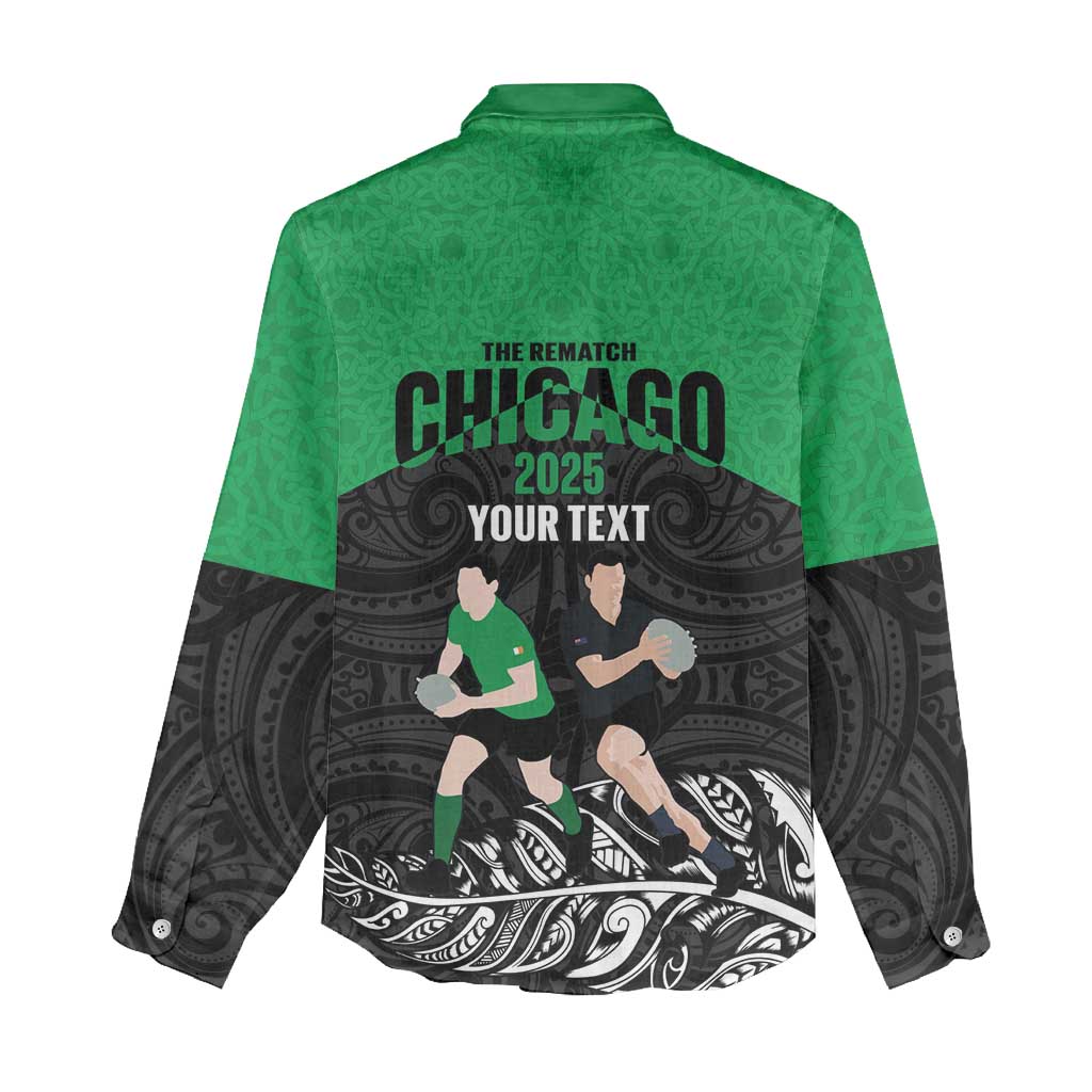 New Zealand and Ireland Rugby Custom Women Casual Shirt Chicago 2025 Go All Black Shamrocks LT14 - Polynesian Pride