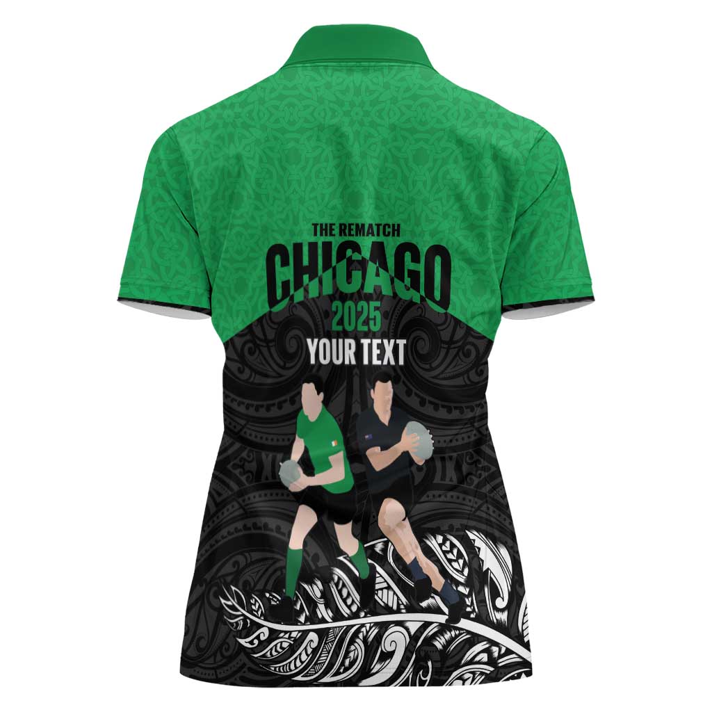 New Zealand and Ireland Rugby Custom Women Polo Shirt Chicago 2025 Go All Black Shamrocks LT14 - Polynesian Pride