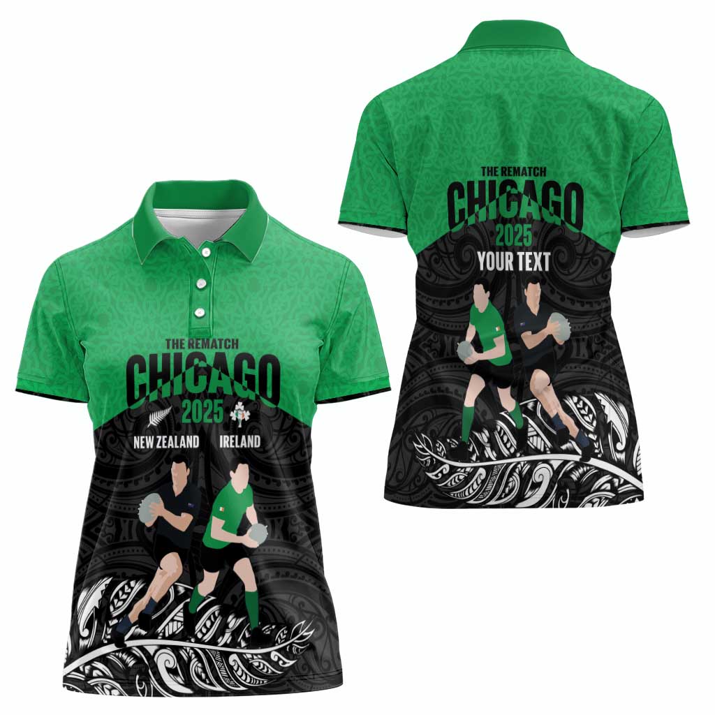 New Zealand and Ireland Rugby Custom Women Polo Shirt Chicago 2025 Go All Black Shamrocks LT14 - Polynesian Pride