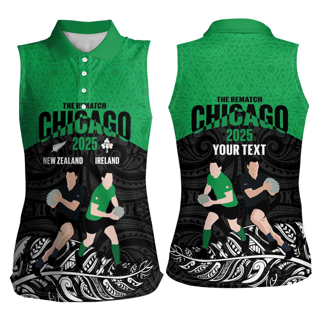 New Zealand and Ireland Rugby Custom Women Sleeveless Polo Shirt Chicago 2025 Go All Black Shamrocks LT14 - Polynesian Pride