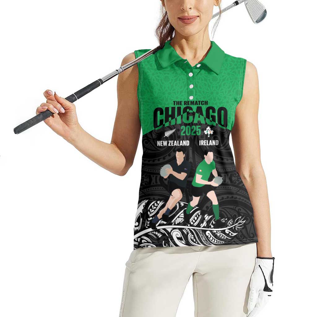 New Zealand and Ireland Rugby Custom Women Sleeveless Polo Shirt Chicago 2025 Go All Black Shamrocks LT14 - Polynesian Pride