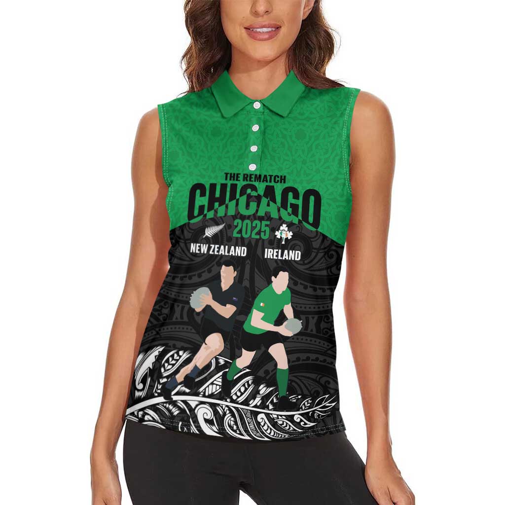 New Zealand and Ireland Rugby Custom Women Sleeveless Polo Shirt Chicago 2025 Go All Black Shamrocks LT14 - Polynesian Pride