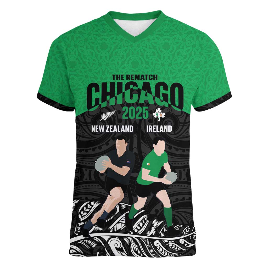 New Zealand and Ireland Rugby Custom Women V-Neck T-Shirt Chicago 2025 Go All Black Shamrocks LT14 Female Black - Polynesian Pride