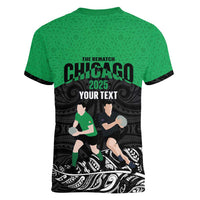 New Zealand and Ireland Rugby Custom Women V-Neck T-Shirt Chicago 2025 Go All Black Shamrocks LT14 - Polynesian Pride