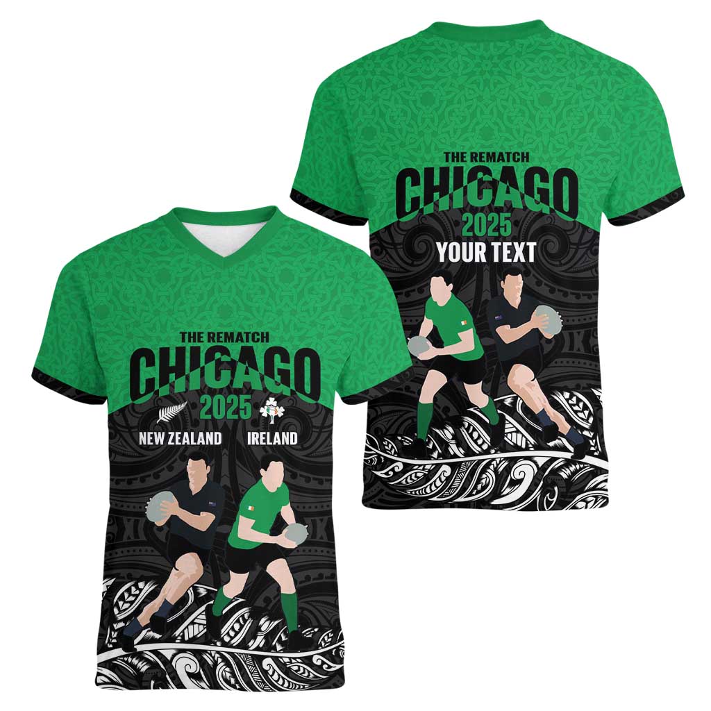 New Zealand and Ireland Rugby Custom Women V-Neck T-Shirt Chicago 2025 Go All Black Shamrocks LT14 - Polynesian Pride