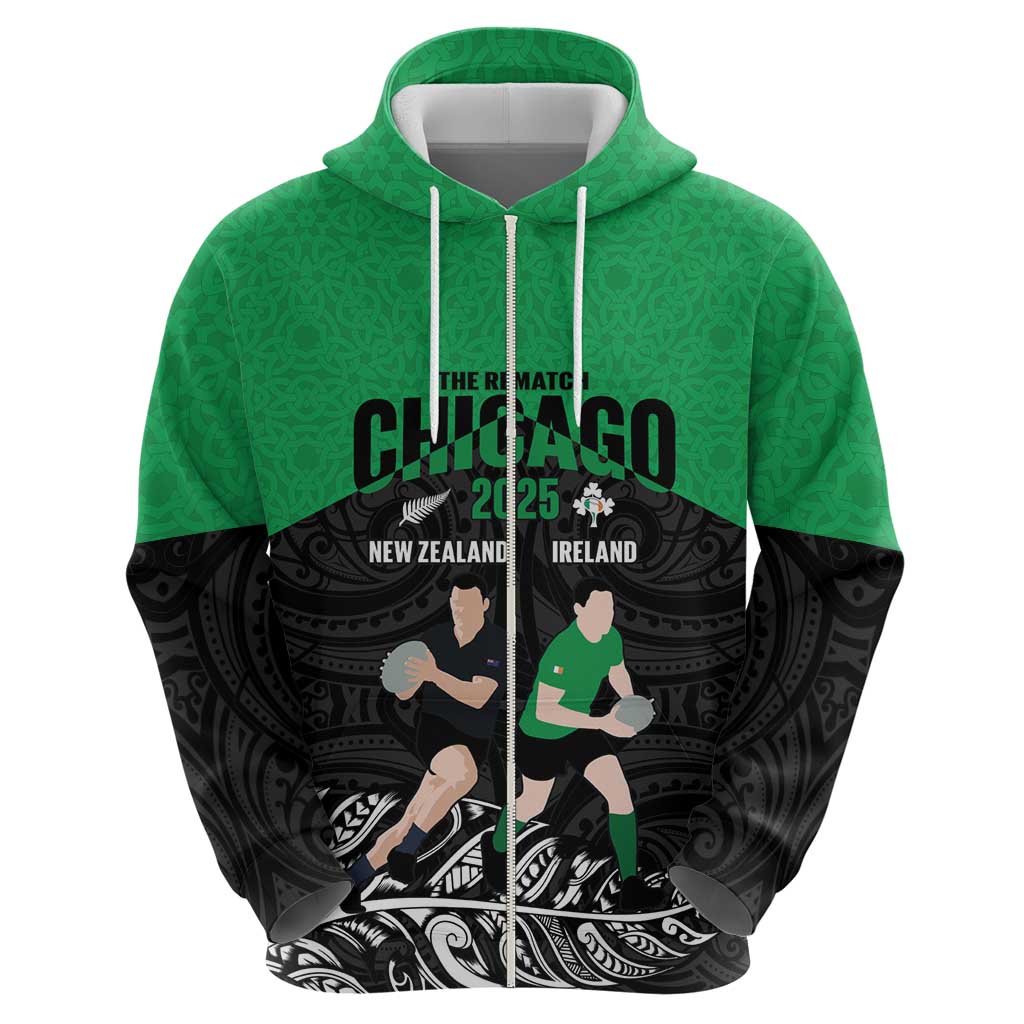 New Zealand and Ireland Rugby Custom Zip Hoodie Chicago 2025 Go All Black Shamrocks LT14 - Polynesian Pride