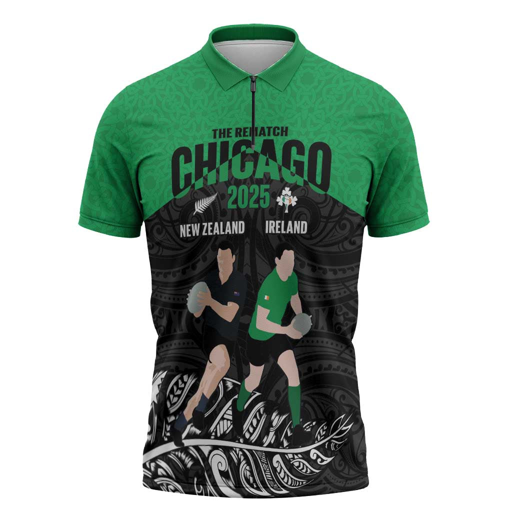 New Zealand and Ireland Rugby Custom Zipper Polo Shirt Chicago 2025 Go All Black Shamrocks LT14 Black - Polynesian Pride