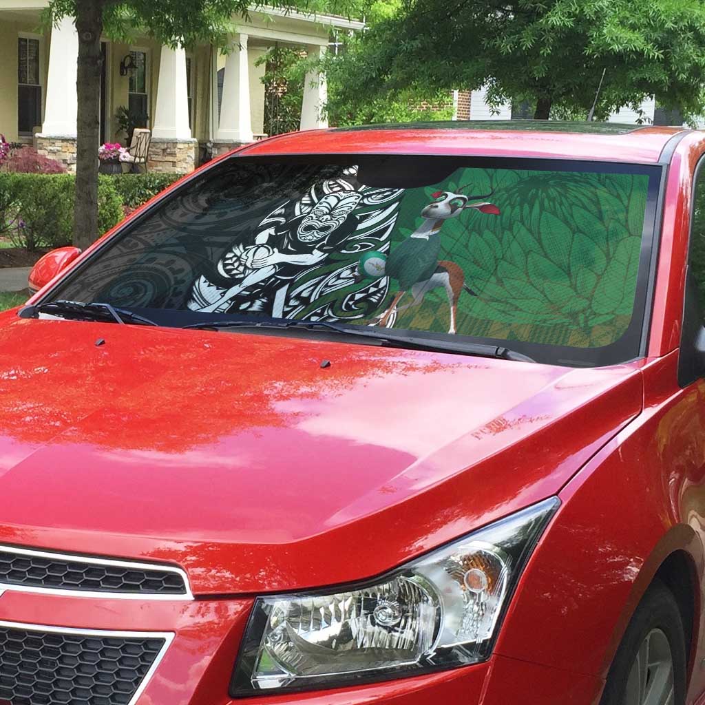 New Zealand and South Africa Rugby Custom Auto Sun Shade Maori Tiki Fern Springboks Kente Pattern - Polynesian Pride