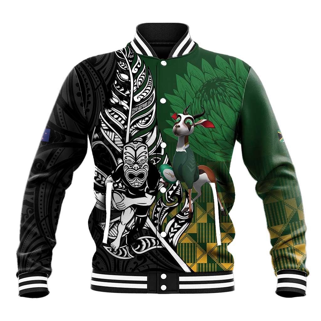 New Zealand and South Africa Rugby Custom Baseball Jacket Maori Tiki Fern Springboks Kente Pattern - Polynesian Pride