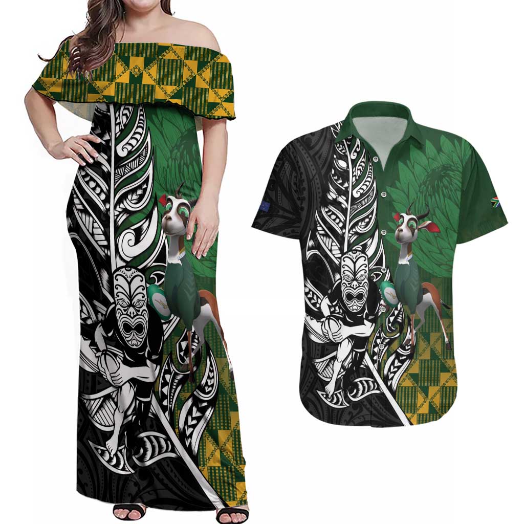 New Zealand and South Africa Rugby Custom Couples Matching Off Shoulder Maxi Dress and Hawaiian Shirt Maori Tiki Fern Springboks Kente Pattern LT14 Green - Polynesian Pride