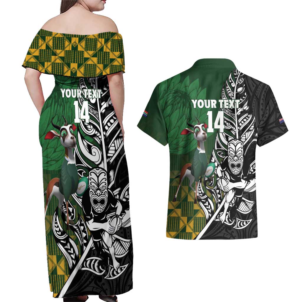 New Zealand and South Africa Rugby Custom Couples Matching Off Shoulder Maxi Dress and Hawaiian Shirt Maori Tiki Fern Springboks Kente Pattern LT14 - Polynesian Pride