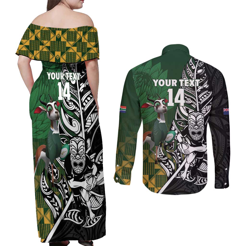 New Zealand and South Africa Rugby Custom Couples Matching Off Shoulder Maxi Dress and Long Sleeve Button Shirt Maori Tiki Fern Springboks Kente Pattern LT14 - Polynesian Pride